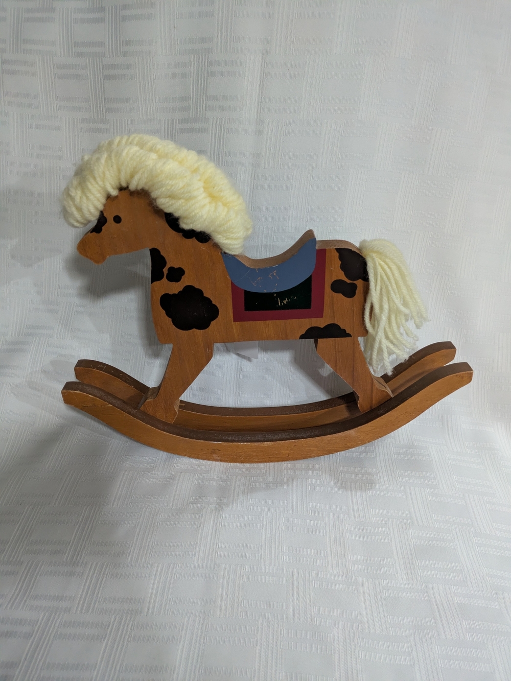 Vintage Wooden Rocking Horse Figurine Hand Painted Spotted Yarn Mane Tail Decor